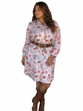 Nylon Apparel Large Pink Western Festival Long Sleeve Shirt Dress